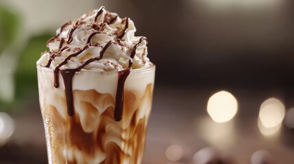 Close-up of Iced Coffee with Whipped Cream and Chocolate Drizzle