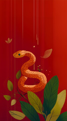 Obraz premium Joyfully Welcoming luner new Year event, for snake year celebration, fully embodying the theme of a red and gold cute snake, red banner, new year poster
