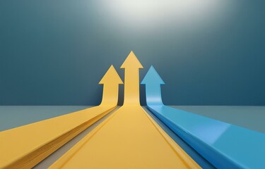 Fototapeta premium Three arrows point upward, two yellow and one blue, against a blue background.