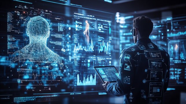 Person interacting with digital data interface, modern technology.