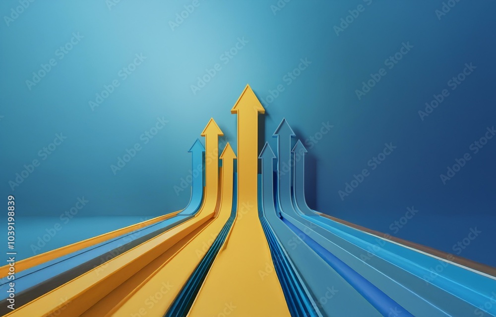 Poster a blue and yellow abstract background with multiple 3d arrows pointing upwards.