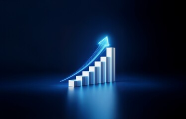 A glowing blue arrow pointing upwards is rising above a white bar graph against a dark blue background.