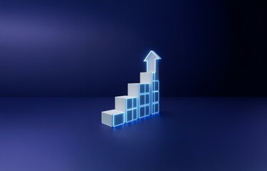 Fototapeta premium A white 3D bar graph with blue neon edges ascends on a blue background with an arrow at the top.