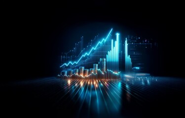 Naklejka premium Stacks of coins glow brightly against a dark background as a neon blue line graph points upwards.