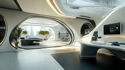 A futuristic office space with sleek design and large windows showcasing urban views.