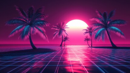 Naklejka premium 80s Synthwave Sunset with Palm Trees and Grid