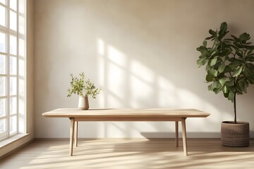 A minimalist room with a wooden table, vase, and plant, showcasing natural light and tranquility.