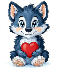 A cute cartoon dog is holding a red heart. The dog is smiling and he is happy