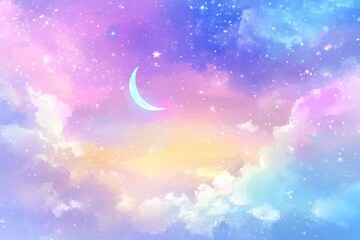 Abstract digital illustration night sky filled stars crescent Vibrant Rainbow Unicorn Backdrop