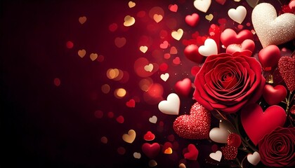 Dark to light hearts and lights and red rose background