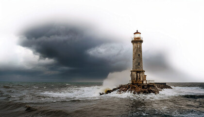 Obraz premium Lighthouse Braving a Furious Storm; Waves Crash Against its Rocky Base. Dark Clouds Loom Overhead.