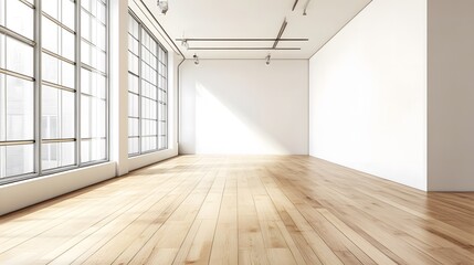 Obraz premium A spacious, well-lit room with wooden flooring and large windows, ideal for various activities.