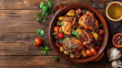 Succulent Chicken Tagine with Vegetables on Wooden Background 