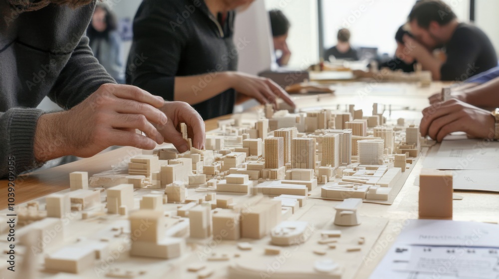 Poster a collaborative architecture workshop with urban planners designing sustainable city models using bl