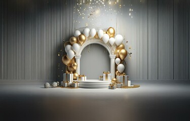 A white pedestal with gold gifts and balloons sits beneath a white archway in front of a gray paneled background.