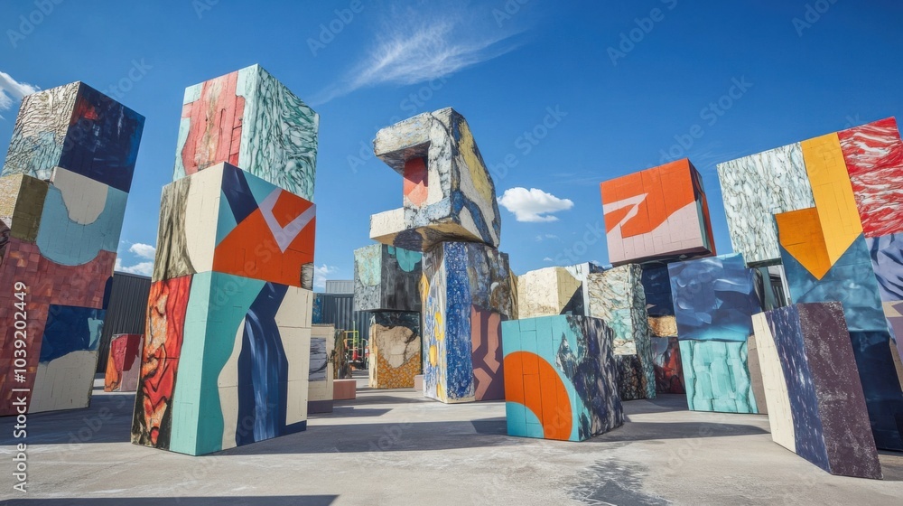 Poster a collaborative design studio with artists building large-scale sculptures from blocks, blocks arran