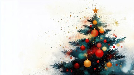 Decorated Christmas tree illustration with ornaments and a star on a white background with copy space.