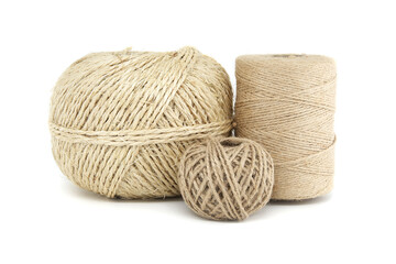 Collection of natural jute and burlap twine spools isolated on white background