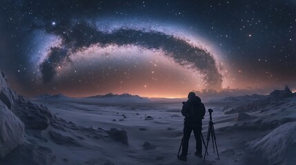 Fototapeta premium sky filled with stars and the Milky Way, with a photographer using a tripod to immortalize the celestial beauty above 