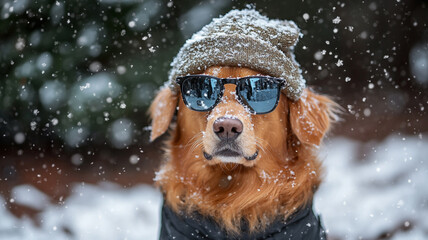 Fototapeta premium Golden retriever wearing sunglasses and a hat enjoys a snowy day in the winter woods