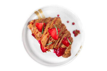 Sweet croissant with strawberry, jam and fresh cream in white plate on white background