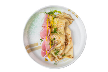 Pancakes with ham and cheese in white plate isolated  on white background for menu with copy space