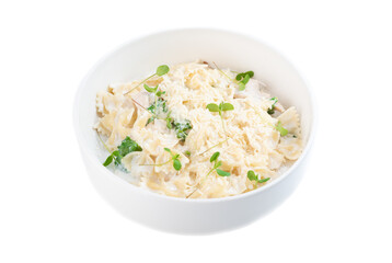 Fettuccine Alfredo or fettuccine al burro on white background for menu top view