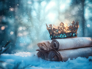 Magic crown atop a stack of books or scrolls with decorative design.