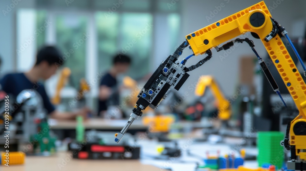 Aufkleber A collaborative robotics workshop with engineers building robotic arms using blocks, Blocks integrated into robotic arm prototypes, Robotics innovation style