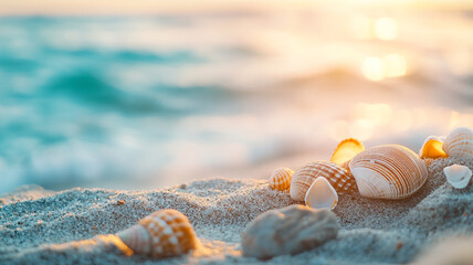 Obraz premium Shells scattered on the sandy beach at sunset with gentle waves in the background