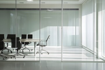 Modern glass-walled conference room with sleek furniture and natural light.