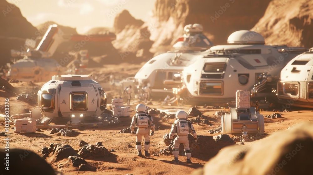 Poster A collaborative space exploration mission with astronauts constructing habitats on Mars using modular blocks, Blocks arranged for Martian habitat construction, Space colonization style