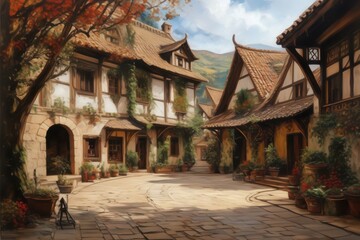 Naklejka premium painting of a courtyard with a medeival fantasy town