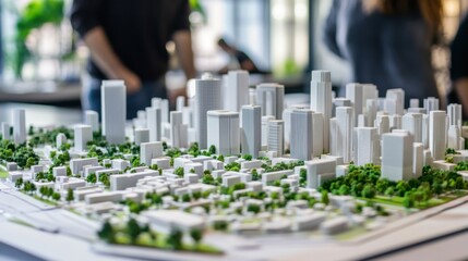 A collaborative urban planning workshop with architects designing sustainable city models using blocks, Blocks arranged for urban planning simulations, Sustainable city style