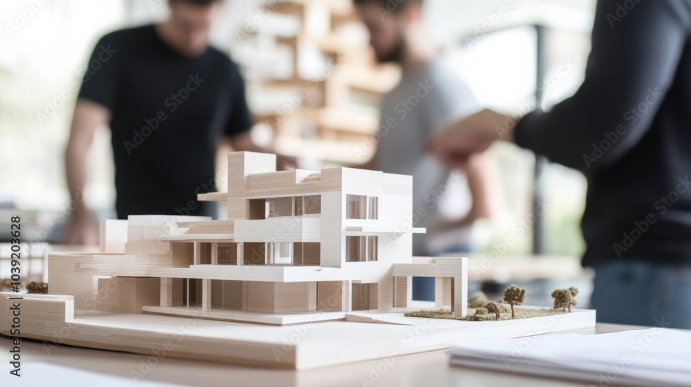 Aufkleber A collaborative workshop with architects building a scale model using blocks, Blocks arranged in architectural structures, Design studio style