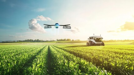 Fototapeta premium An AI-driven farming cooperative with robotic harvesters and smart agriculture systems, rural agricultural landscape with automated farming equipment, Agricultural style