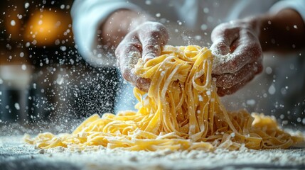 Close-up of a chef dusting fresh handmade pasta with flour, capturing the fine details of the noodles and the dynamic motion of the flour in a vibrant kitchen.