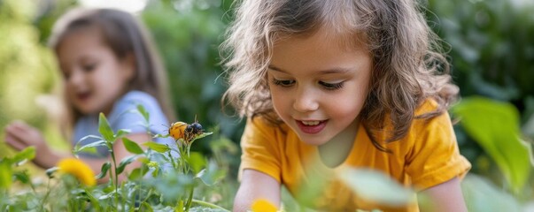 Preschoolers participating in outdoor learning, exploring nature and discovering plants and insects