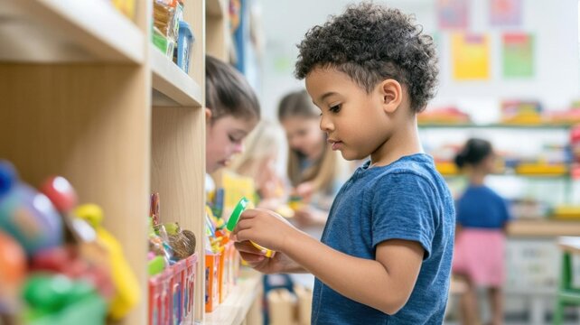 Children exploring early childhood learning centers, choosing different activities to engage with