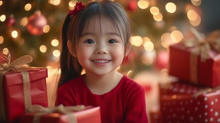 A cute little Asian girl is smiling and sitting in front of Christmas gifts, with a tree behind her