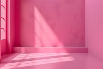 A room with a pink wall and a window