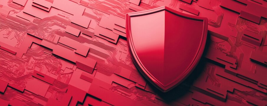 A stylized red shield emblem against a textured red background, symbolizing protection and security in a modern design.