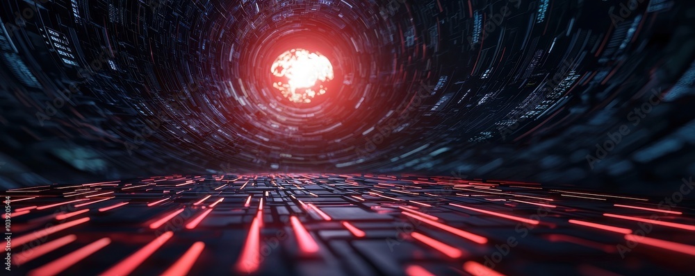 Poster a futuristic tunnel illuminated by vibrant lights, creating an abstract digital atmosphere leading t