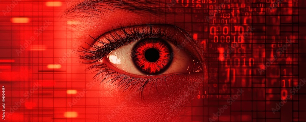 Poster a visually striking close-up of an eye with a glowing red iris, set against a backdrop of abstract d