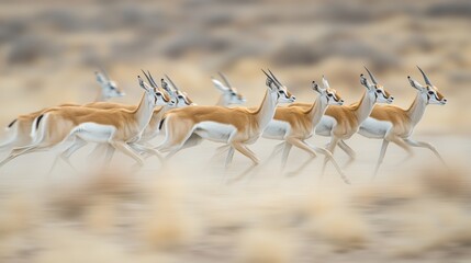 Fototapeta premium A photo of an African springbok herd running across the plains, with motion blur