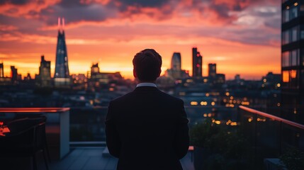 Obraz premium A man is seen from behind looking out over the night city and wearing formal attire.