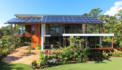 Obraz premium A modern eco-friendly house with solar panels, surrounded by lush greenery and vibrant flowers under a clear blue sky.