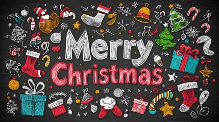 Festive Merry Christmas chalkboard art with festive decorations and cheerful elements.