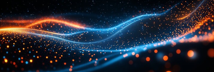 Abstract digital technology background with glowing blue and orange lines on black