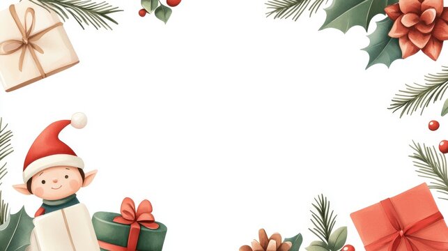 Christmas-themed festive border with presents and a cheerful elf.